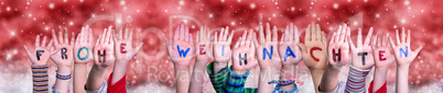 Children Hands Frohe Weihnachten Means Merry Christmas, Red Christmas Background