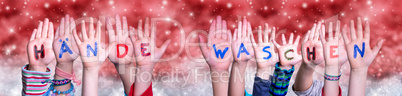 Children Hands Haende Waschen Means Wash Your Hands, Red Christmas Background