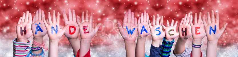 Children Hands Haende Waschen Means Wash Your Hands, Red Christmas Background