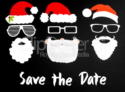 Three Santa Claus Paper Mask, Black Background, Text Save The Date