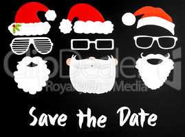Three Santa Claus Paper Mask, Black Background, Text Save The Date