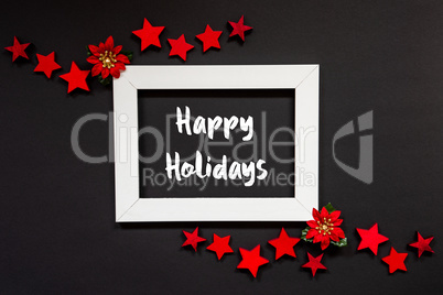 Frame, Red Winter Rose, Star, Text Happy Holidays