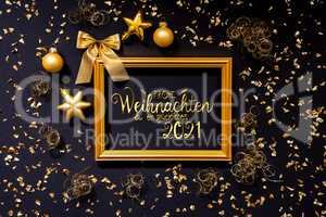 Frame, Golden Christmas Decoration, Ball, Glueckliches 2021 Means Happy 2021