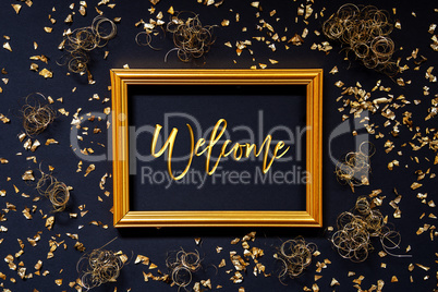 Frame, Golden Glitter Christmas Decoration, Text Welcome
