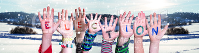 Children Hands Building Word Election, Snowy Winter Background