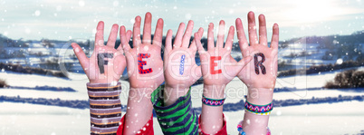 Children Hands Building Word Feier Means Celebration, Snowy Winter Background
