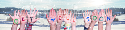 Children Hands Building Word Get Well Soon, Snowy Winter Background