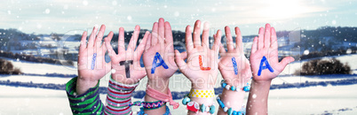 Children Hands Building Word Italia Means Italy, Snowy Winter Background