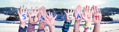 Children Hands Building Word Stay Calm, Snowy Winter Background