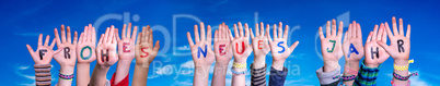 Children Hands Building Frohes Neues Jahr Means Happy New Year, Blue Sky