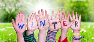 Children Hands Building Word Winter, Grass Meadow