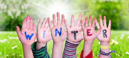 Children Hands Building Word Winter, Grass Meadow