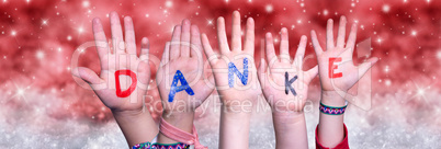 Children Hands Danke Means Thank You, Red Christmas Background