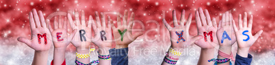 Children Hands Building Word Merry Xmas, Red Christmas Background
