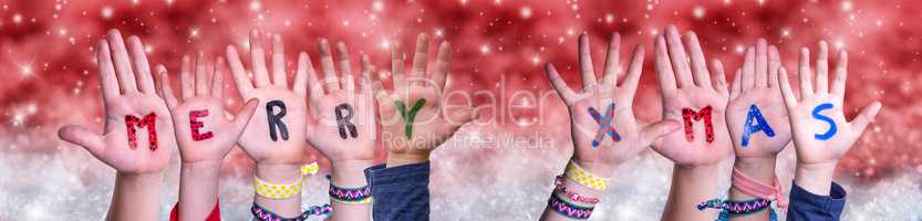 Children Hands Building Word Merry Xmas, Red Christmas Background