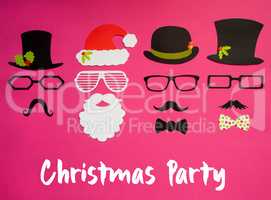 Santa Claus, Set Of Mask, Hat, Mustache, Pink Background, Christmas Party