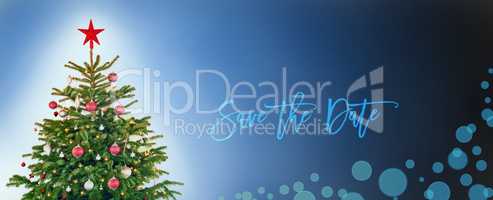 Christmas Tree With Decoration, Blue Background, Text Save The Date