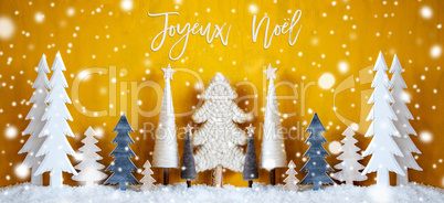 Banner, Trees, Snowflakes, Yellow Background, Joyeux Noel Means Merry Christmas