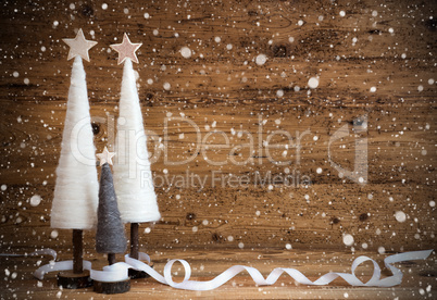White Christmas Tree, Wooden Background, Copy Space, Snowflake