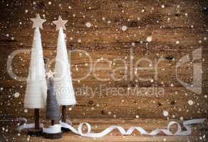 White Christmas Tree, Wooden Background, Copy Space, Snowflake