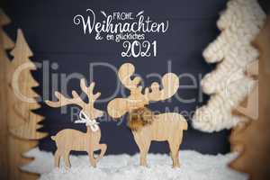 Moose Couple, Christmas Tree, Snow, Glueckliches 2021 Means Happy New Year