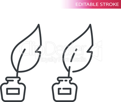 Quill pen with ink well line vector icon