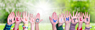 Children Hands Building Word Hello Winter, Grass Meadow