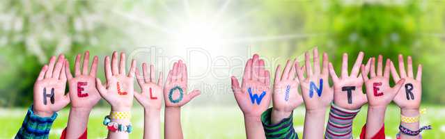 Children Hands Building Word Hello Winter, Grass Meadow
