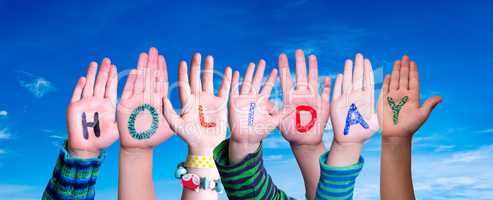 Children Hands Building Word Holiday, Blue Sky