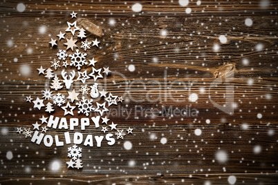Christmas Tree, White Decoration And Ornament, Snowflakes, Wooden Background