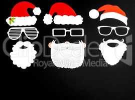 Three Santa Claus Paper Mask, Black Background, Copy Space