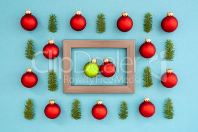 Frame With Two Red And Green Ball In Love, Textured Turquoise Background