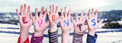 Children Hands Building Word Events, Snowy Winter Background