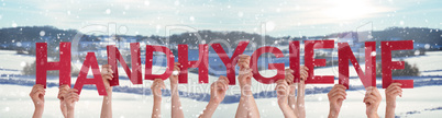 Hands Holding Word Handhygiene Means Hand Hygiene, Snowy Winter Background