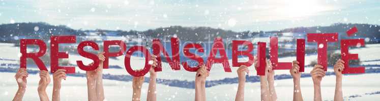 People Hands Holding Responsabilite Mean Responsibility, Snowy Winter Background