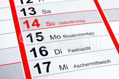 Valentinstag, Rosenmontag, Fastnacht, Aschermittwoch