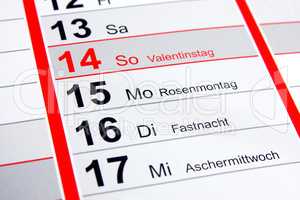 Valentinstag, Rosenmontag, Fastnacht, Aschermittwoch