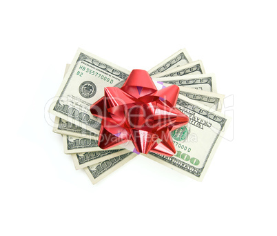 Stack of Money with Bow Isolated on a White Background