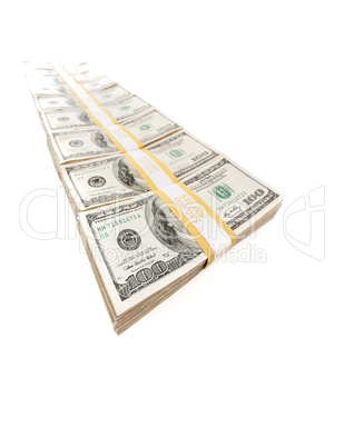 Row of Stacks of Hundred Dollar Bills Isolated on a White Backgr