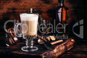 Irish coffee in drinking glass