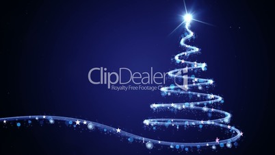 Christmas tree animation with lights particles and snowflakes on blue