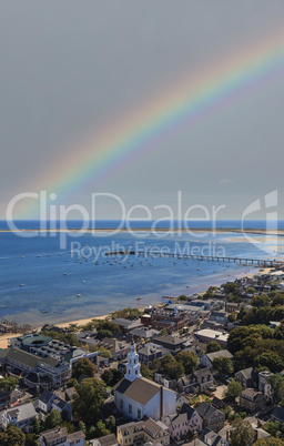 Rainbow over the aerial view of the beach of Provincetown coast