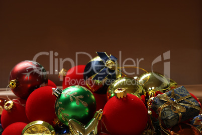 Christmas composition of bright multi-colored Christmas tree decorations