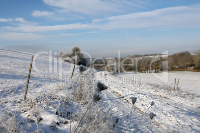 Winter landscape with snowy fields and blue sky