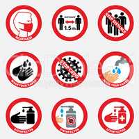 Set of Coronavirus Safety Measures and Precautions Warning signs about protection, social distancing, wearing face covering, washing hands, using sanitizer, keeping distance and stop coronavirus