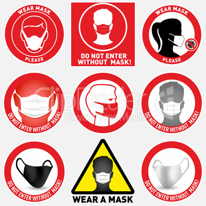Set of face mask required vector signs. Facemask or covering must be worn in shops or public spaces during coronavirus covid-19 social distancing pandemic. Variety set of vector icons and slogan signs