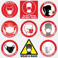 Set of face mask required vector signs. Facemask or covering must be worn in shops or public spaces during coronavirus covid-19 social distancing pandemic. Variety set of vector icons and slogan signs