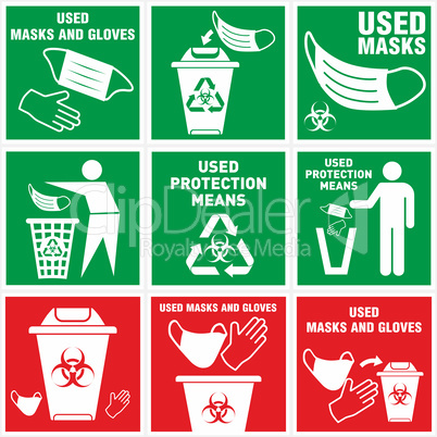 Set of medical waste containers. Special box for disinfection or utilization of disposable gloves, face mask, syringe, biohazard. Outline emblem of trash can with lid. Biohazard waste disposal.
