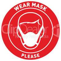 Vector red circle sign with text wear mask please. Character with white face mask. Isolated on white background.