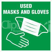 Warning sign, icon info. Disposing bin for used face masks, gloves, ppe only sticker. Coronavirus covid-19 healthcare safety measure. Vector element isolated on white background for shop, store.